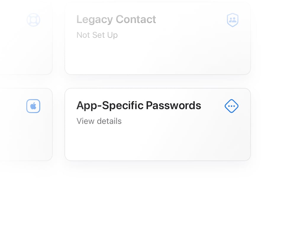 Apple ID account page showing the App-Specific Passwords tile