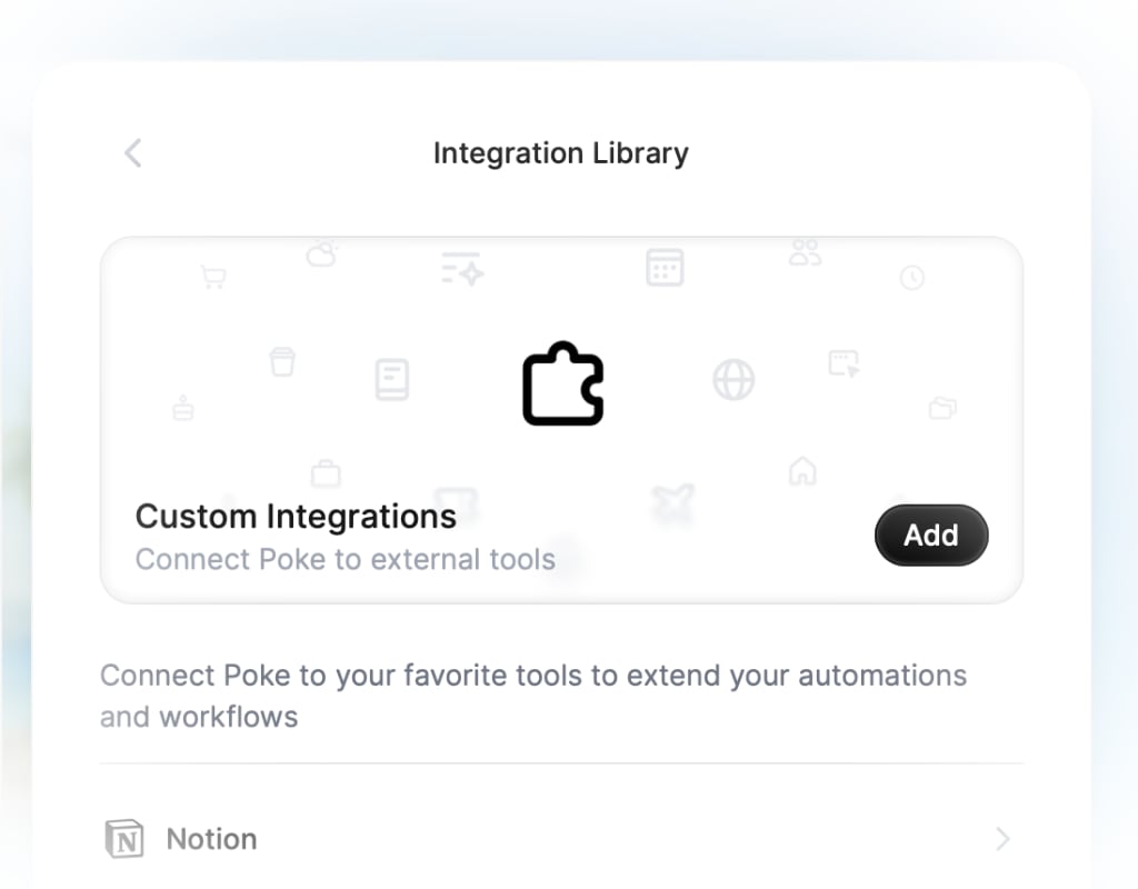 Add Integration button in Poke